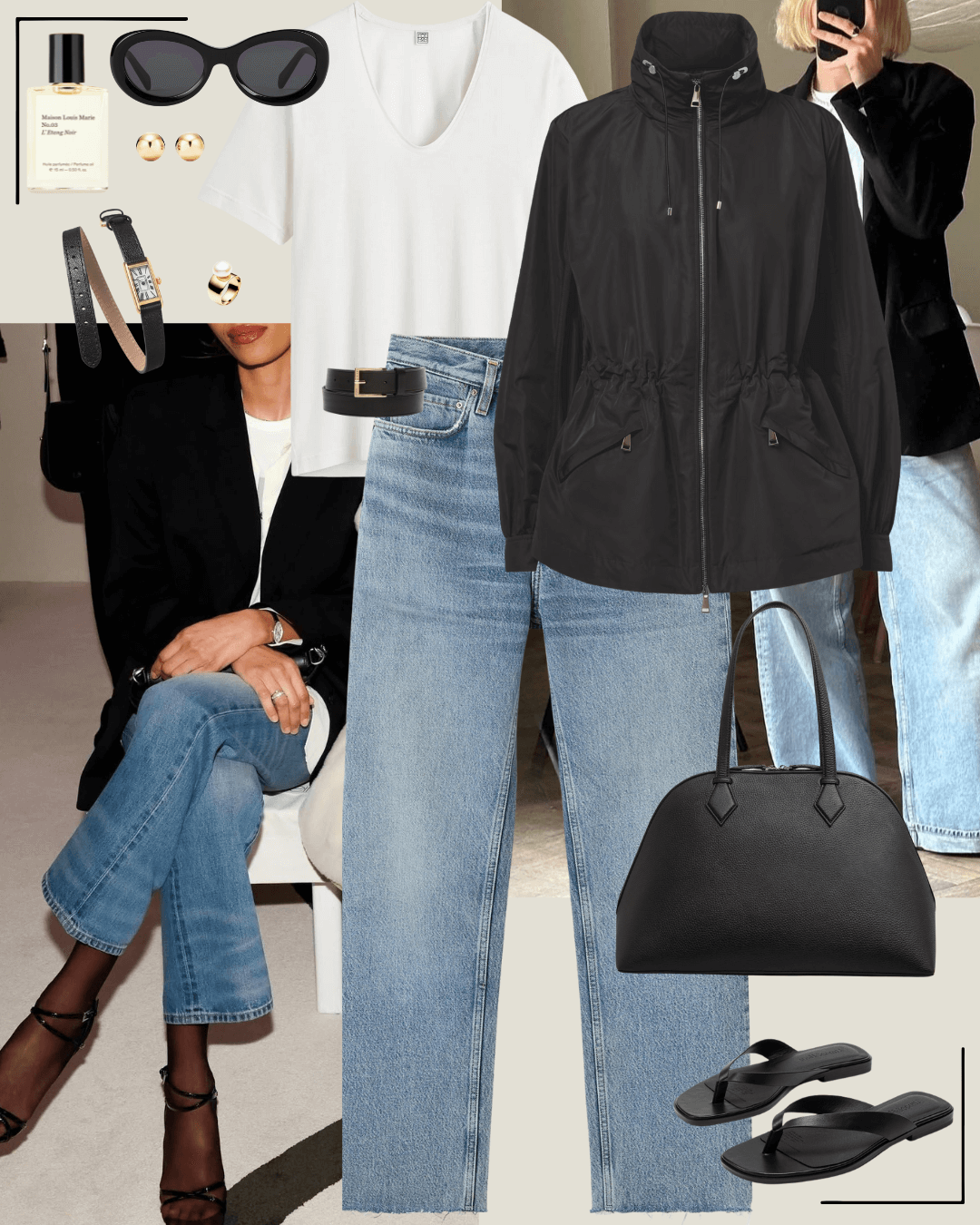 90’s fashion black parker and jeans