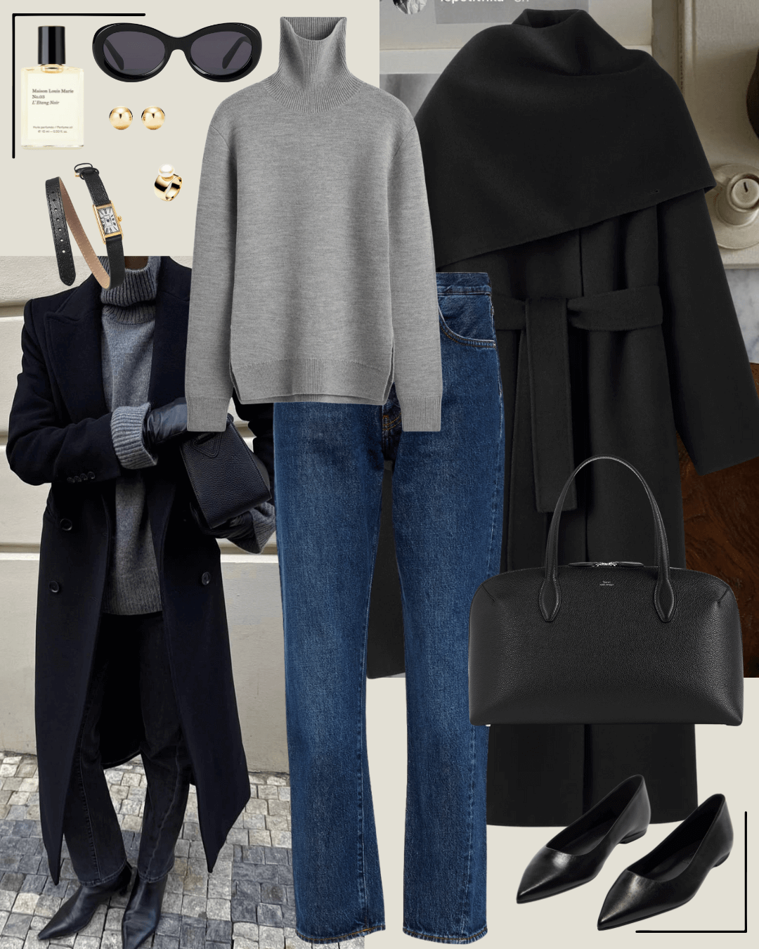 90’s fashion black coat, grey turtleneck jumper, and jeans