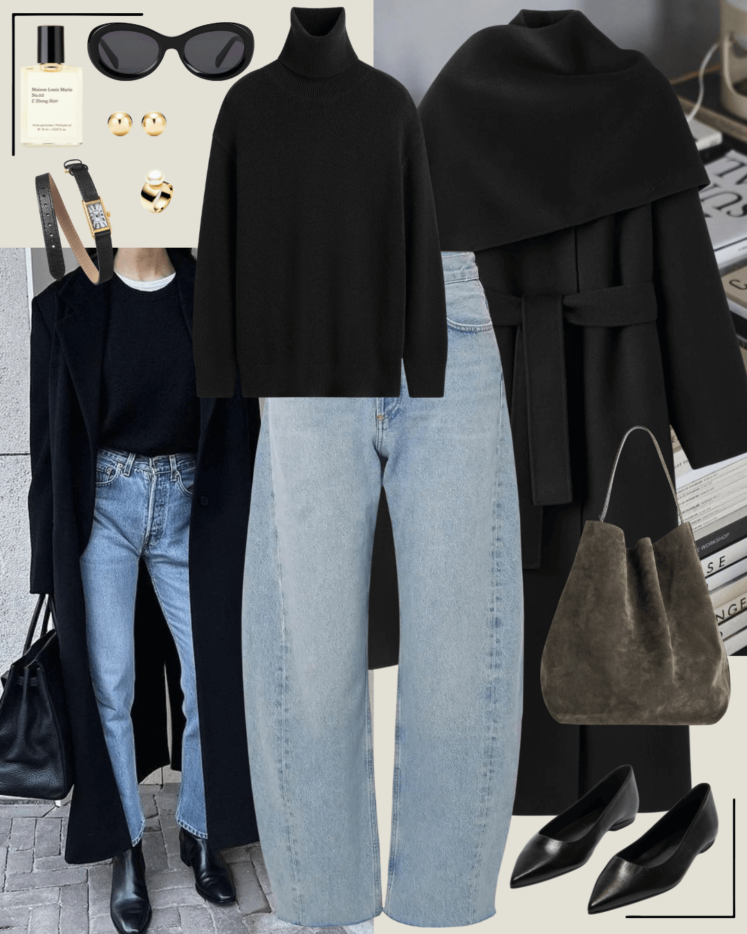 90’s fashion black coat with black turtleneck and jeans