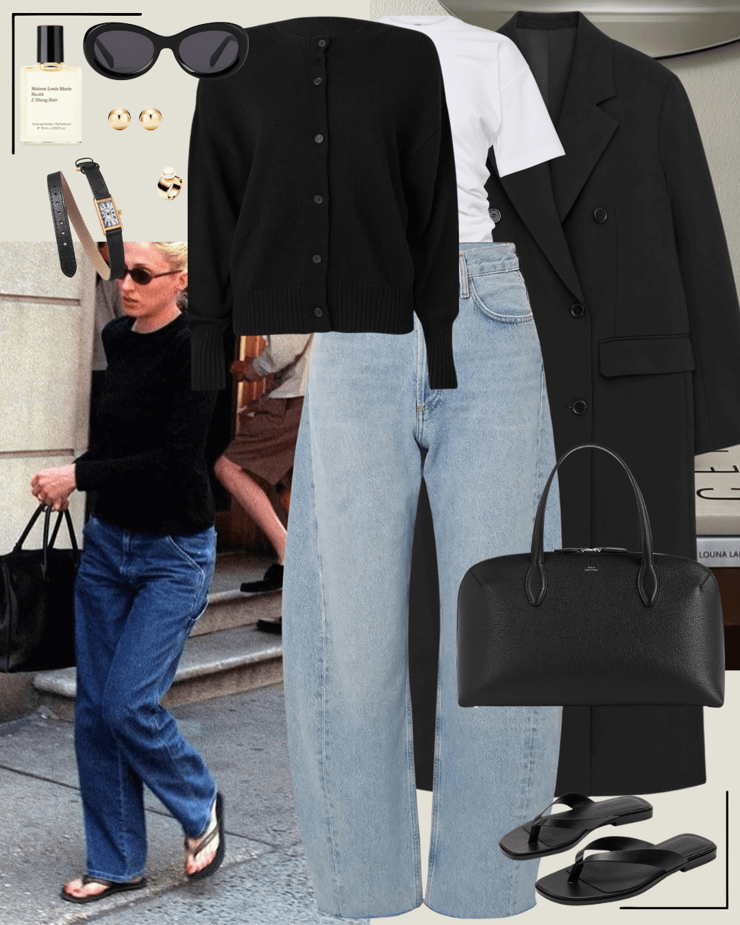 90’s fashion black coat, black cardigan, jeans