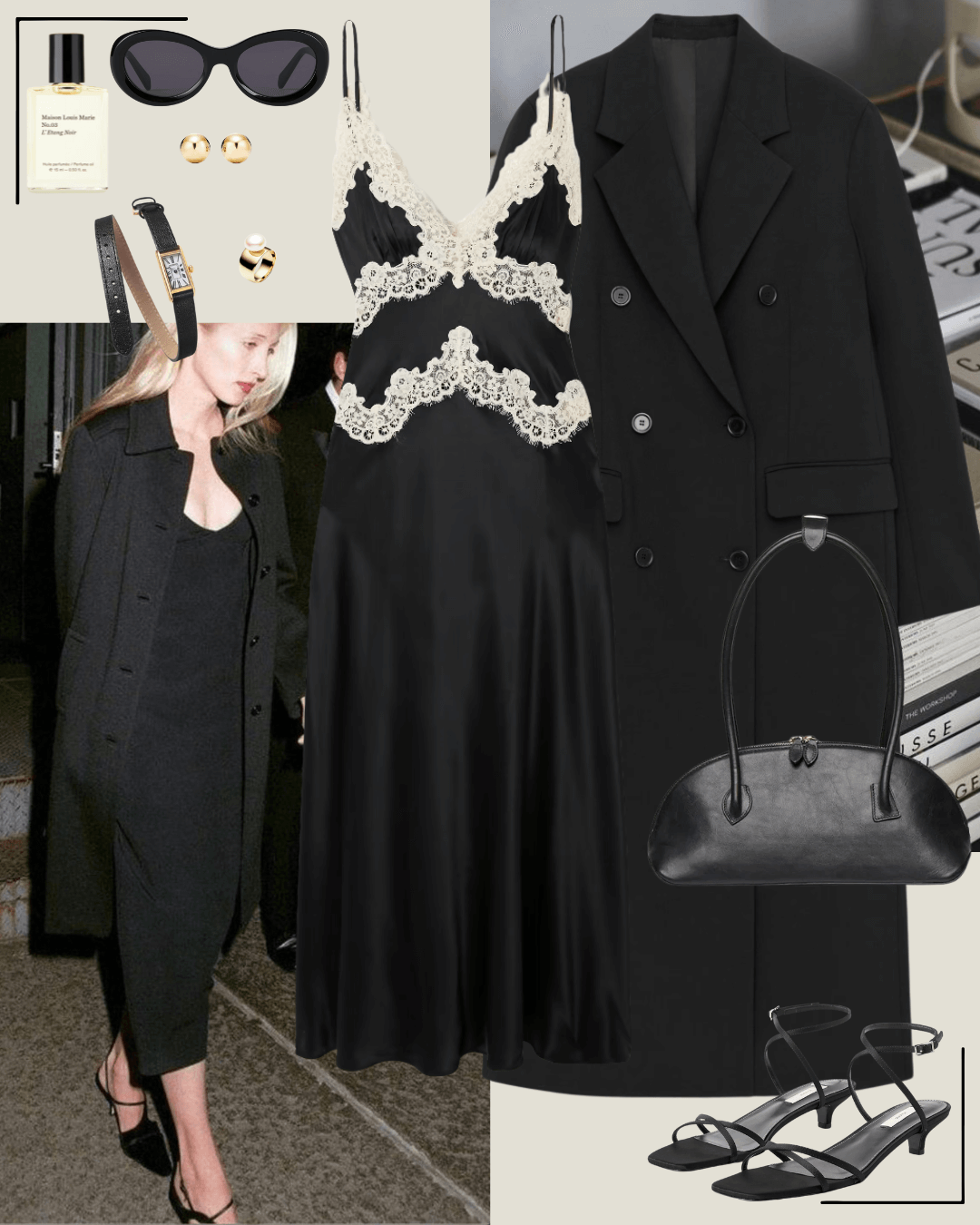 90’s fashion black coat and black silk lace dress