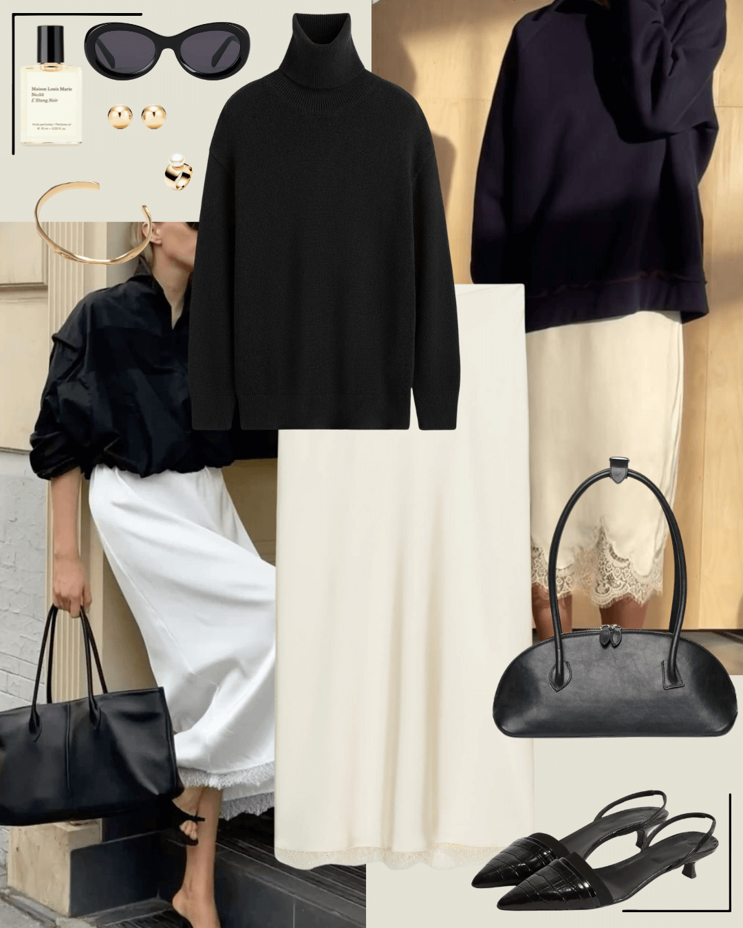 90’s fashion black turtleneck and cream silk lace skirt