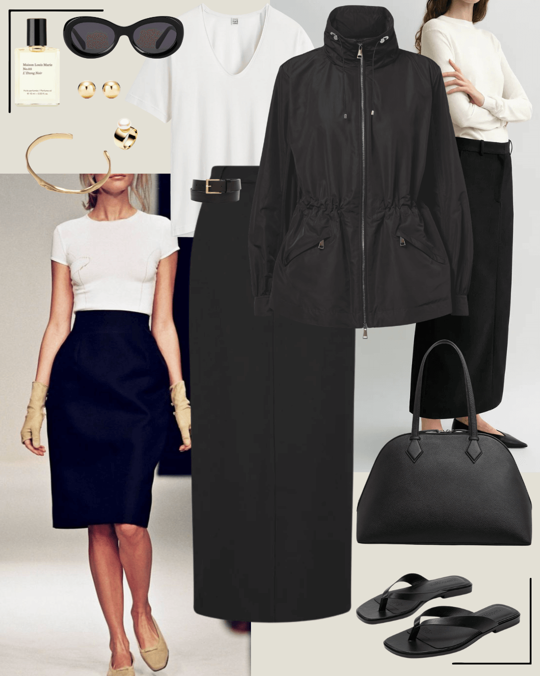 90’s fashion black parka jacket with pencil skirt