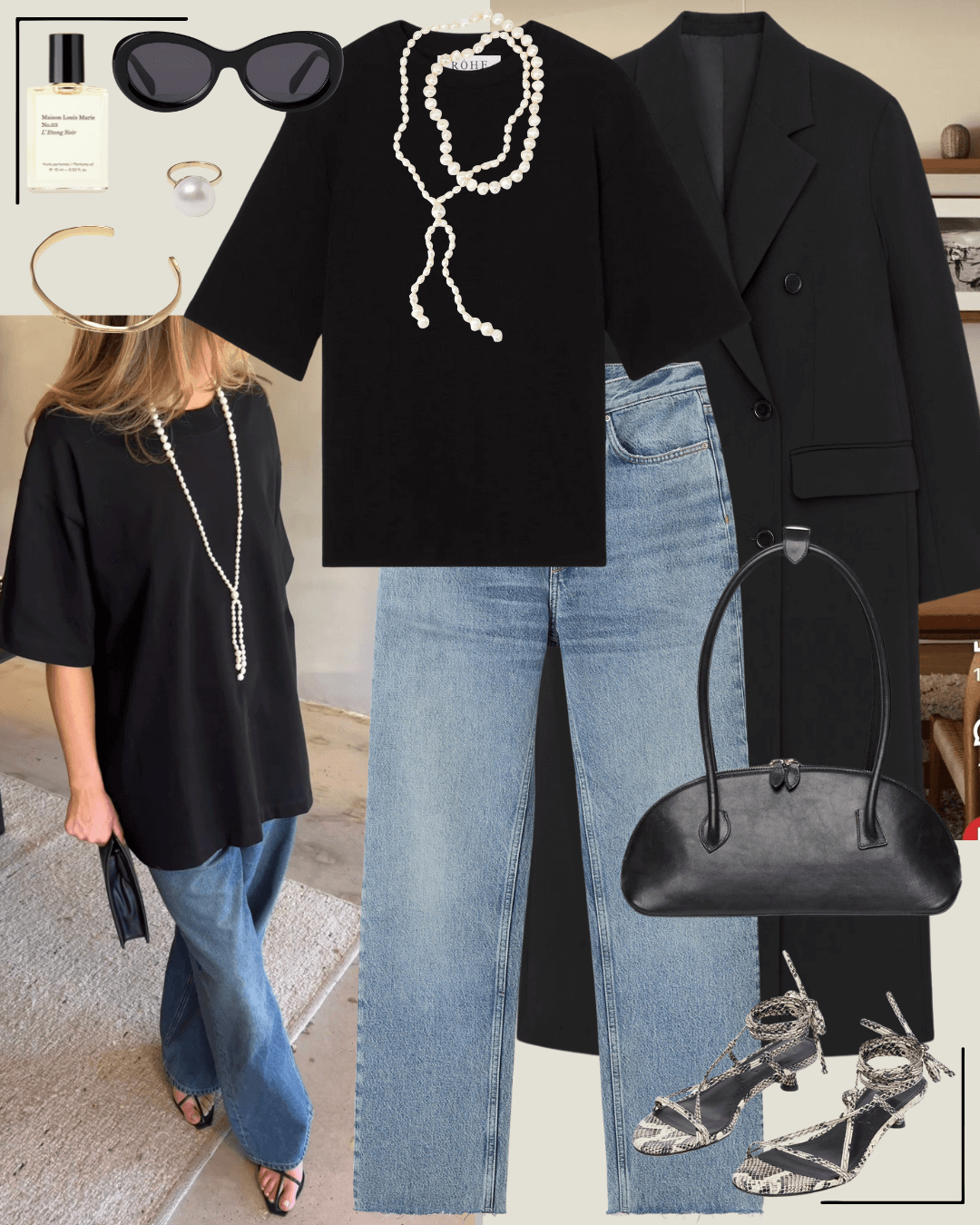 90’s fashion black coat and jeans