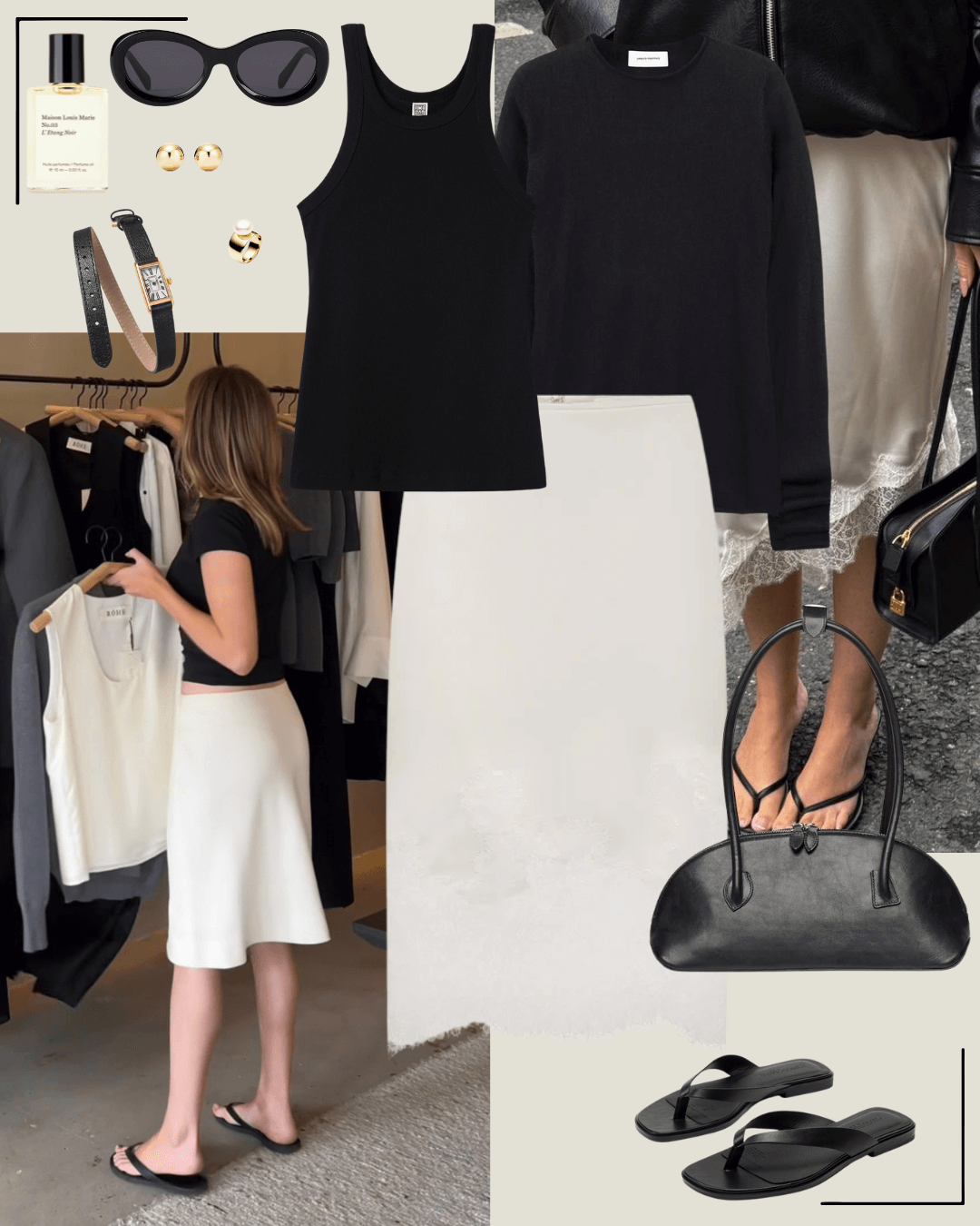 90’s fashion black jumper, cream silk skirt