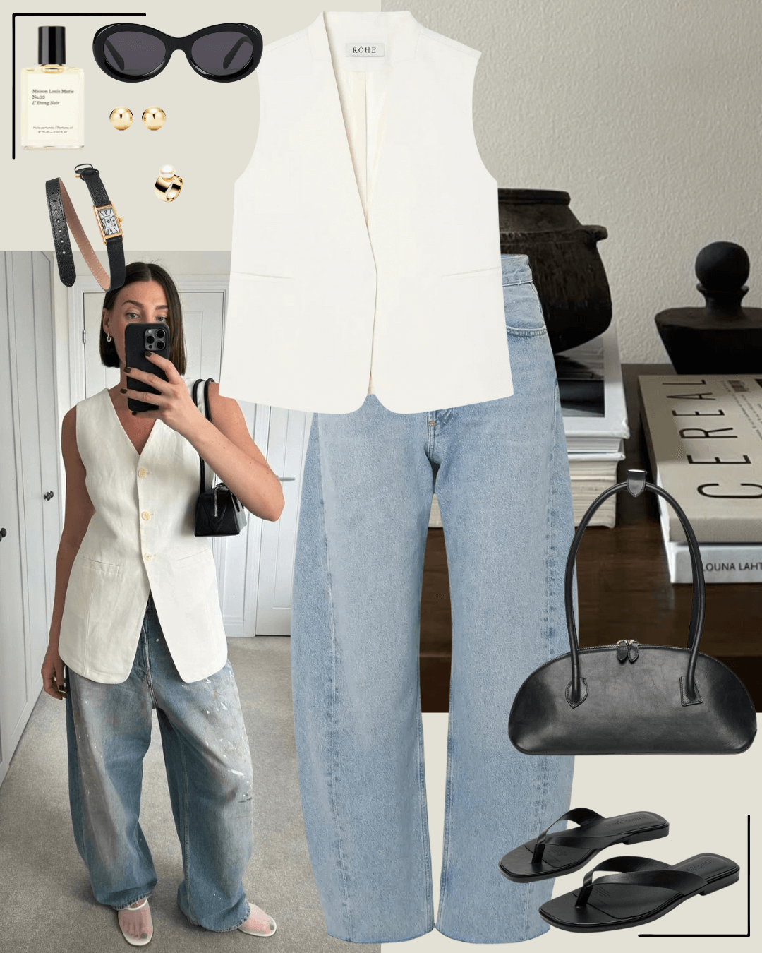 90’s fashion cream vest and jeans