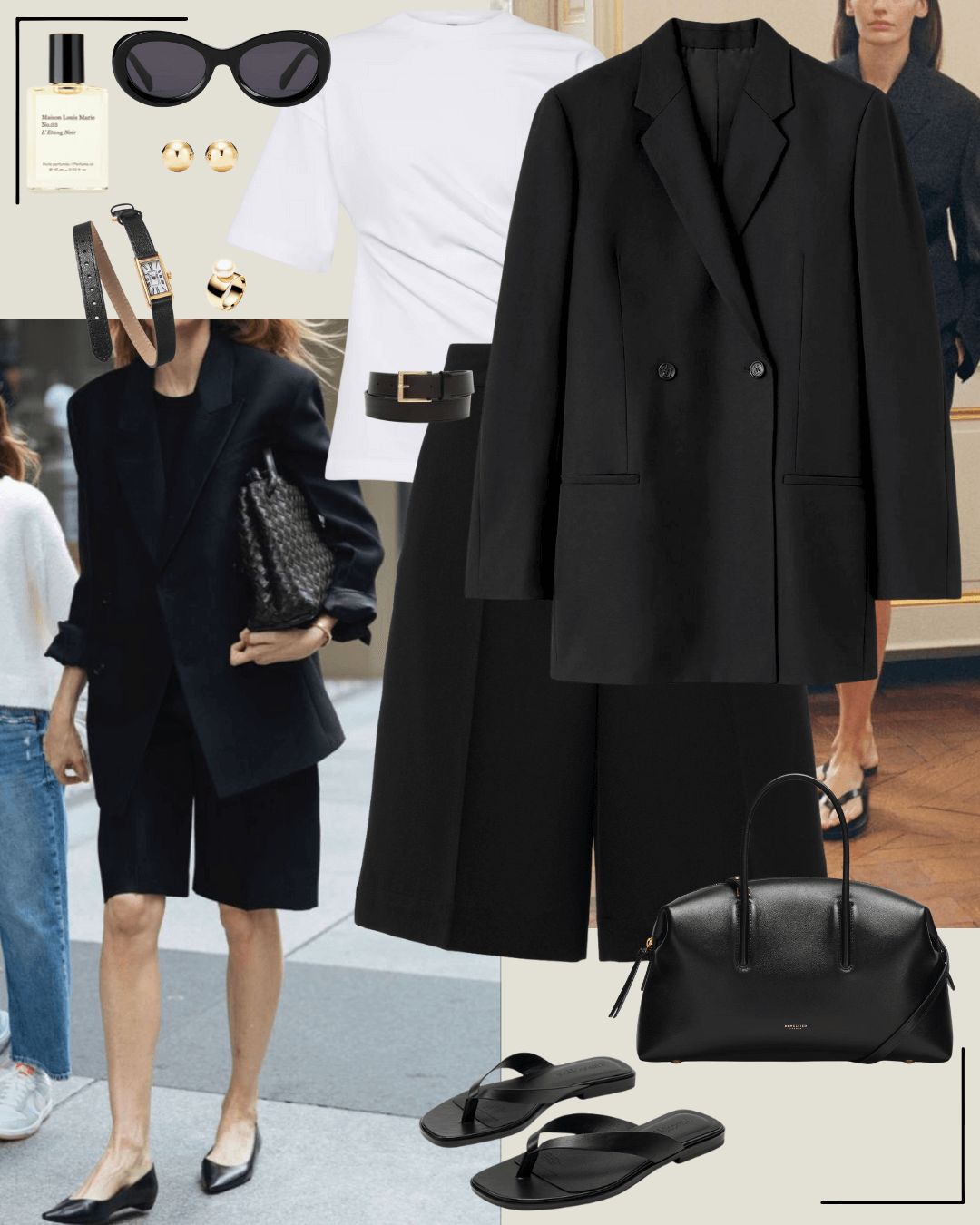 90’s fashion black blazer and tailored shorts