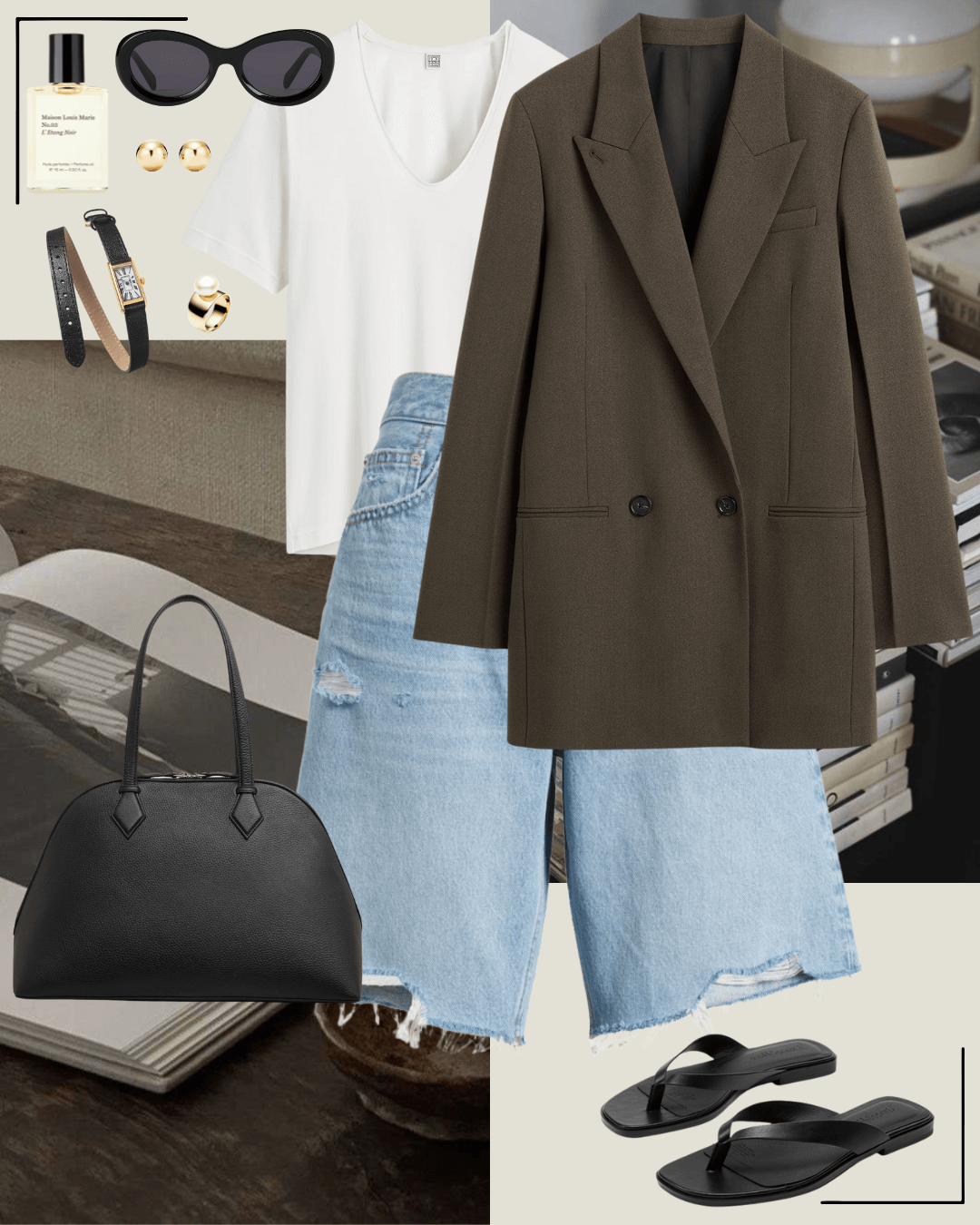 90’s fashion olive blazer, white t-shirt, denim shorts