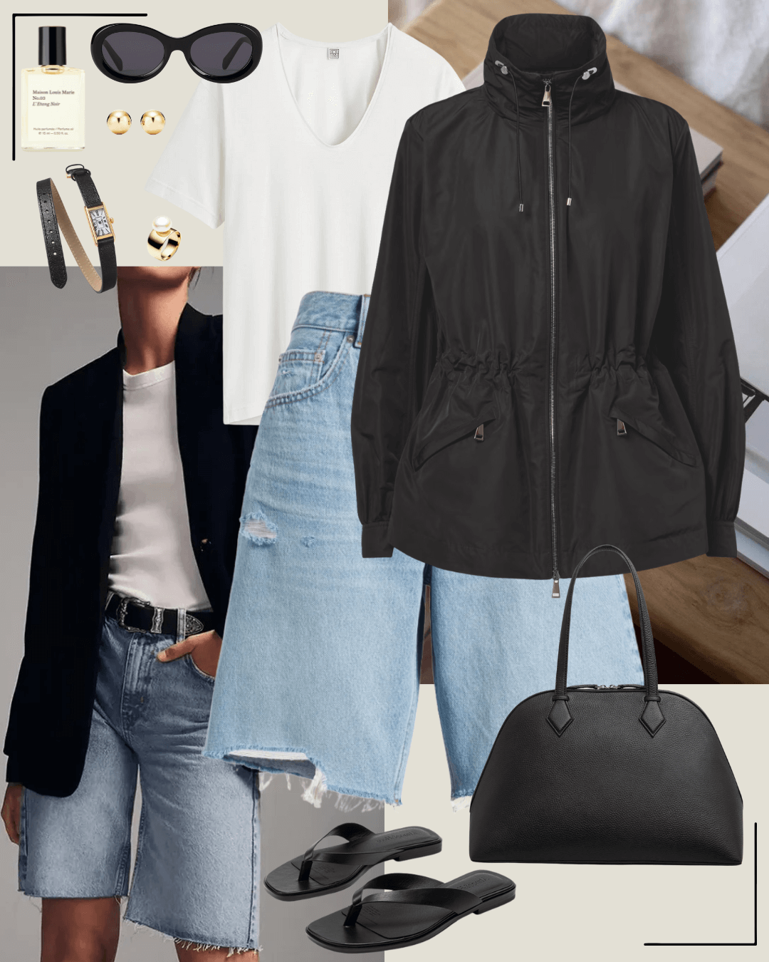 90’s fashion black parka jacket and denim shorts