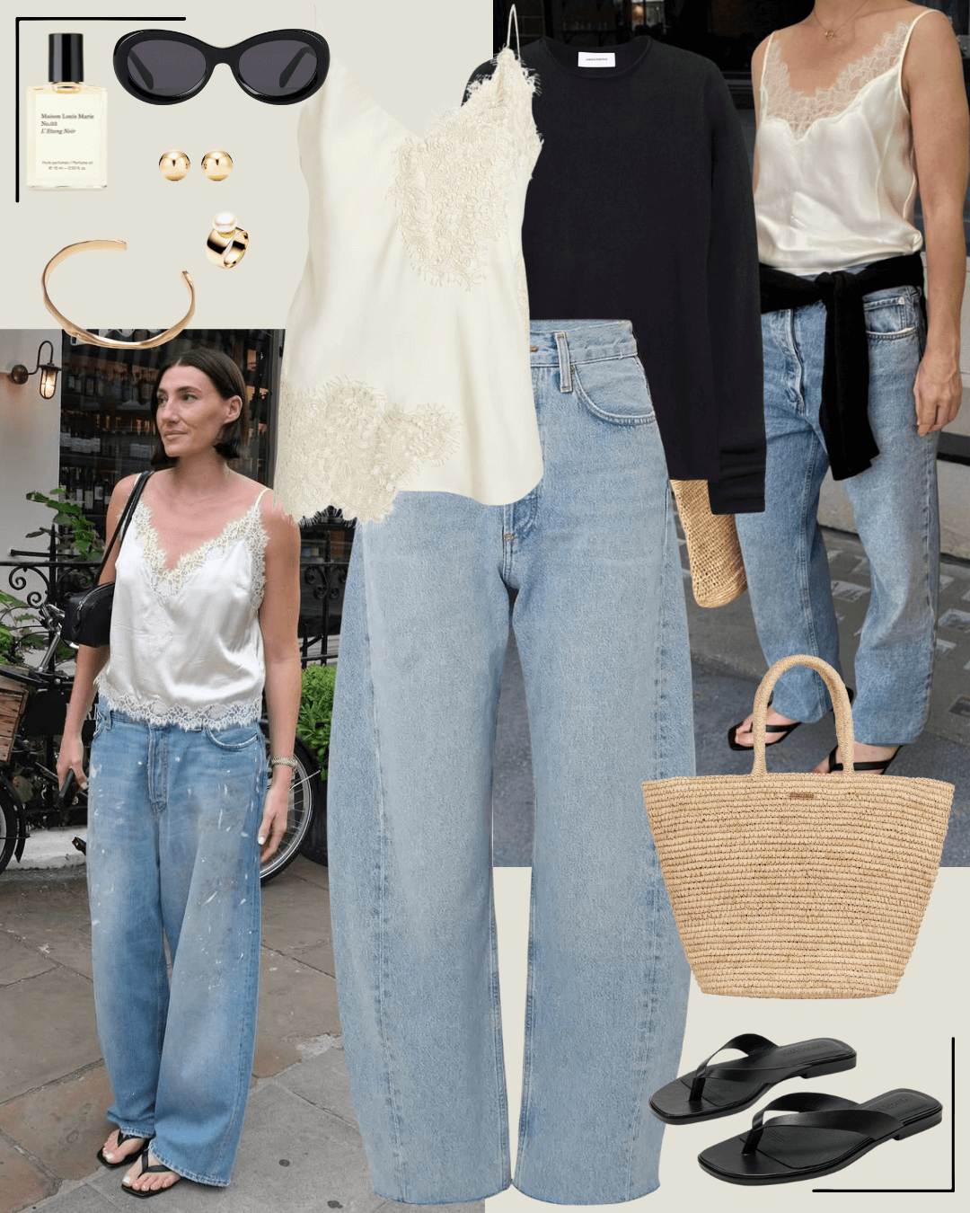 90’s fashion black jumper, cream silk lace camisole, and jeans