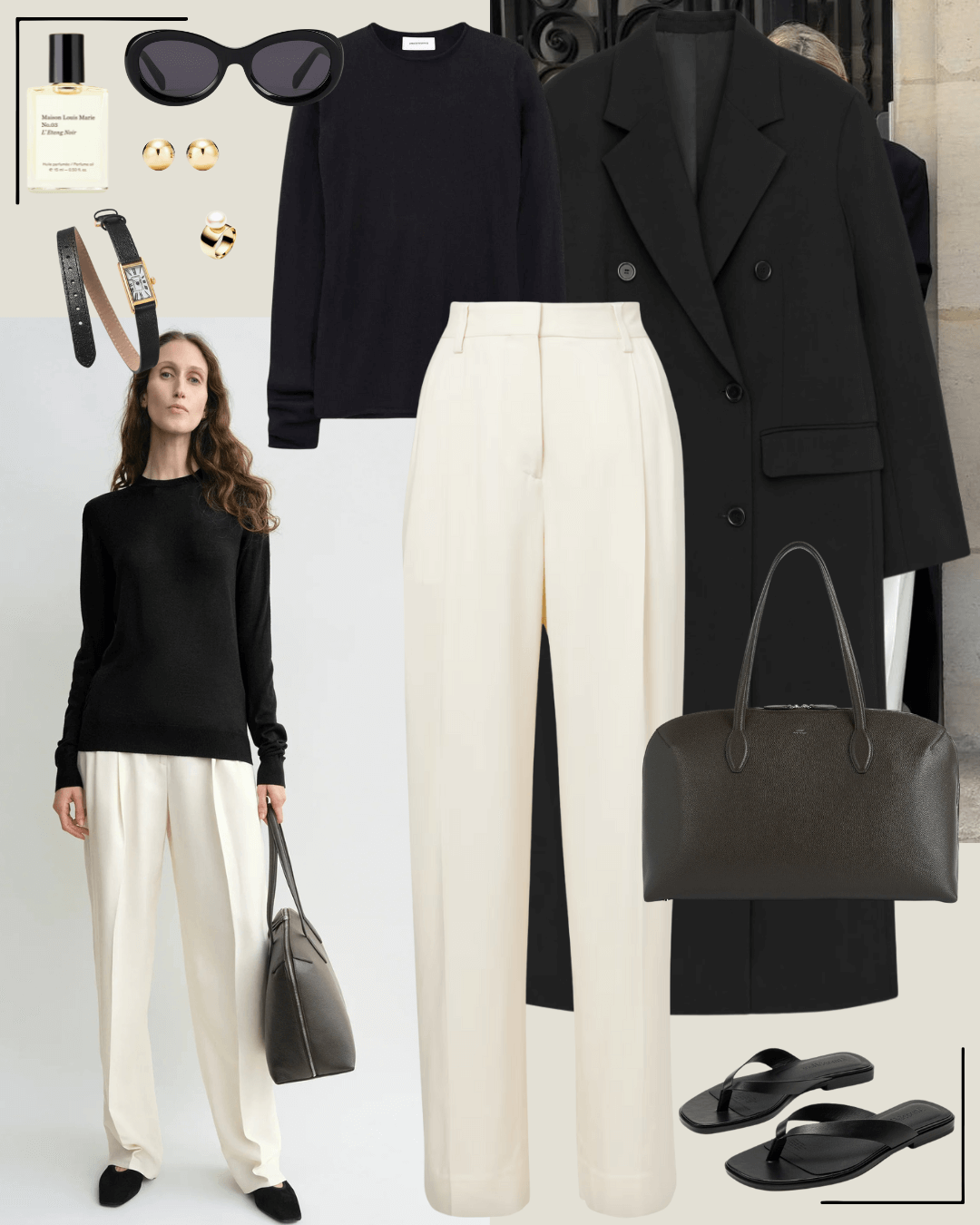 90’s fashion black coat, jumper and tailored pants