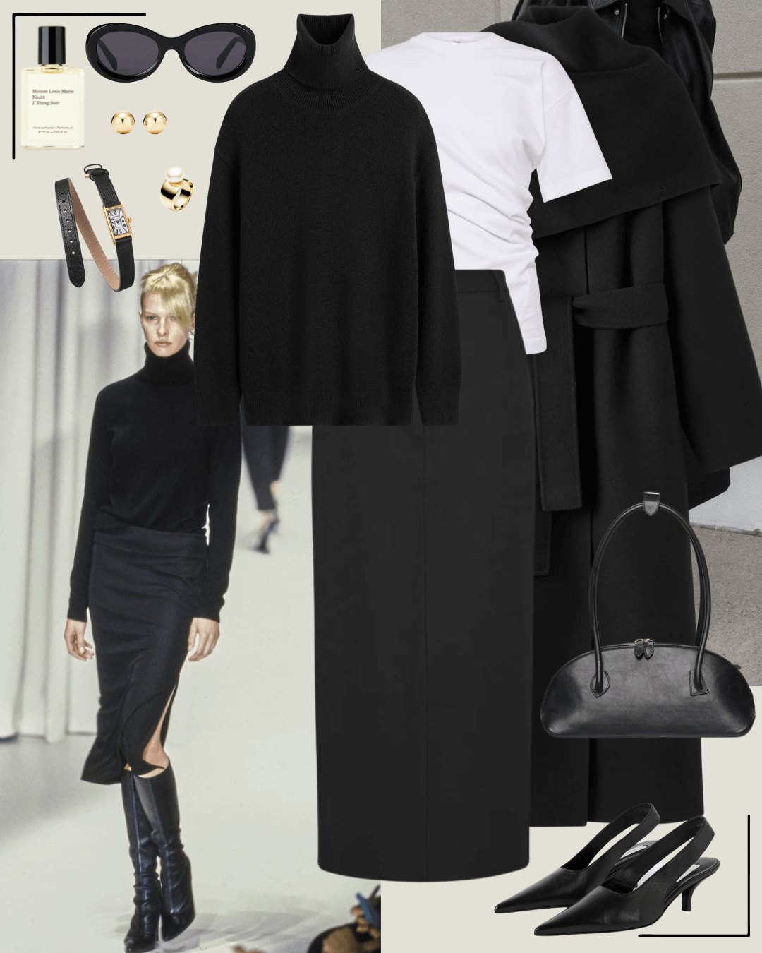 90’s fashion black coat, turtleneck, and pencil skirt