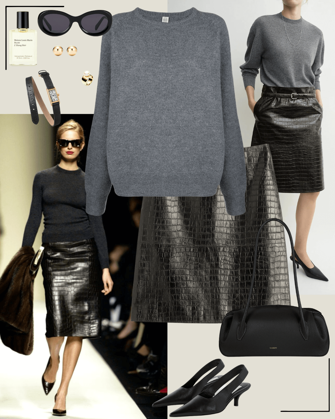 90’s fashion grey jumper, Toteme leather midi skirt