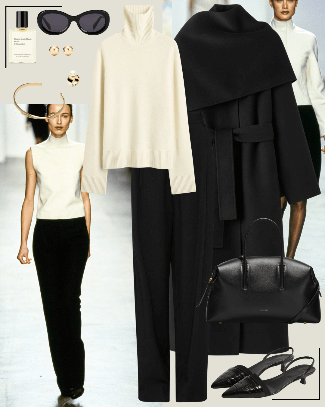 90’s fashion black coat, cream turtleneck, tailored pants