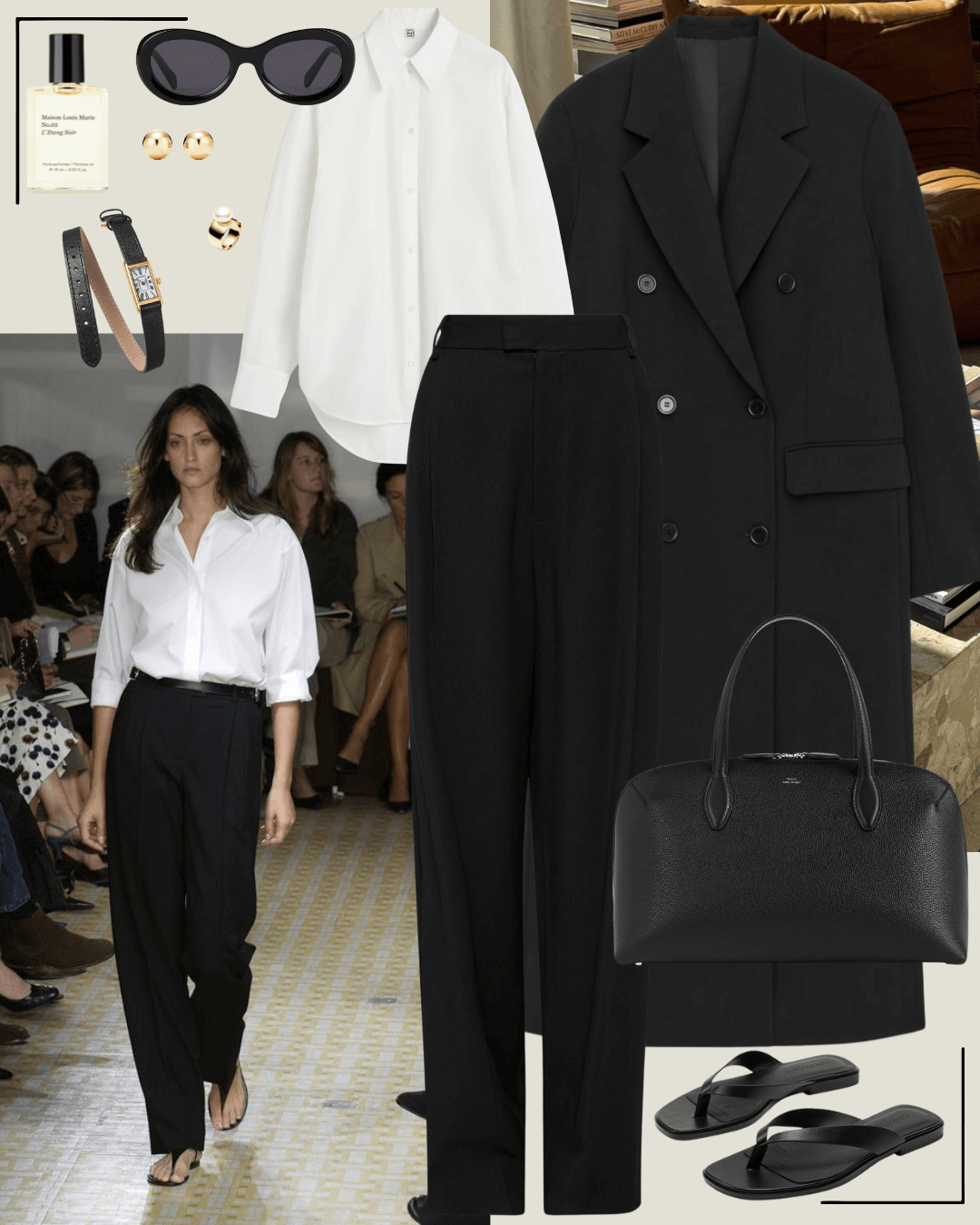 90’s fashion black coat, white shirt, and pants