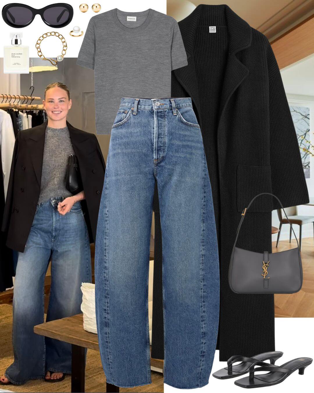 Woman wearing black cardigan , grey knit and jeans