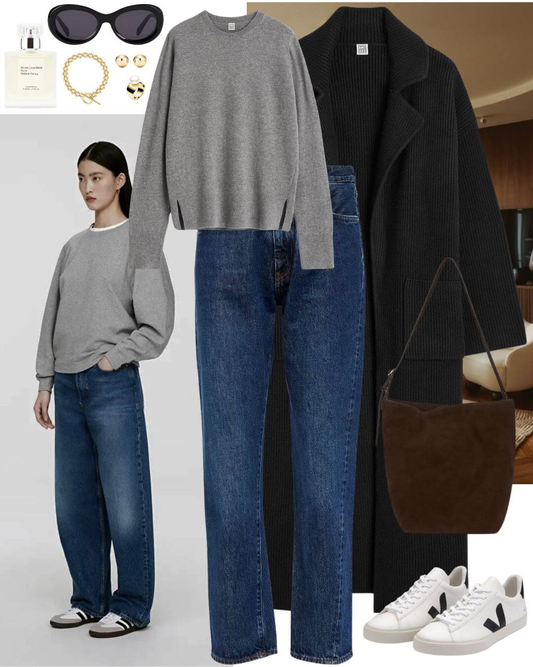 Woman wearing black cardigan, grey knit and jeans with sneakers