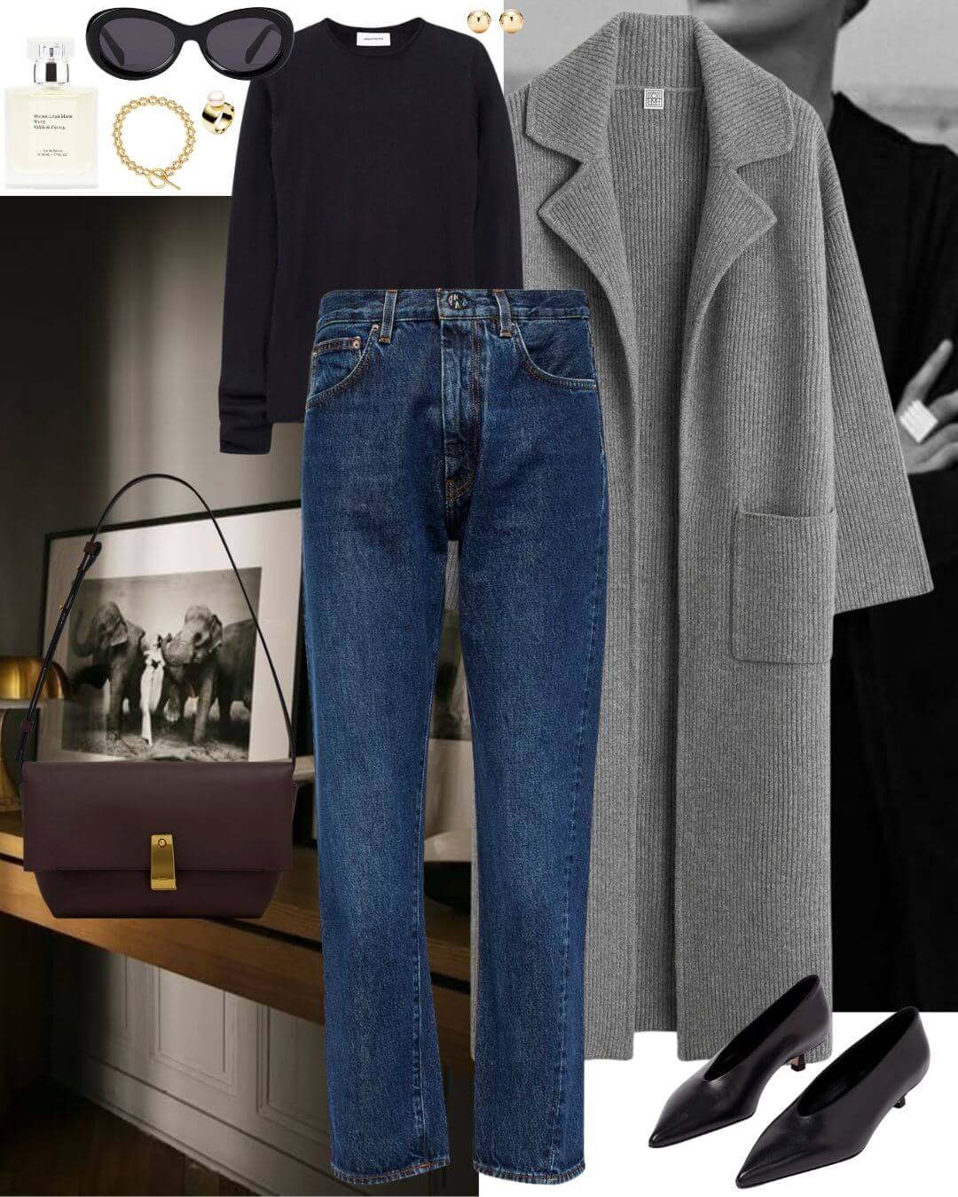 Woman wearing grey cardigan and denim jeans