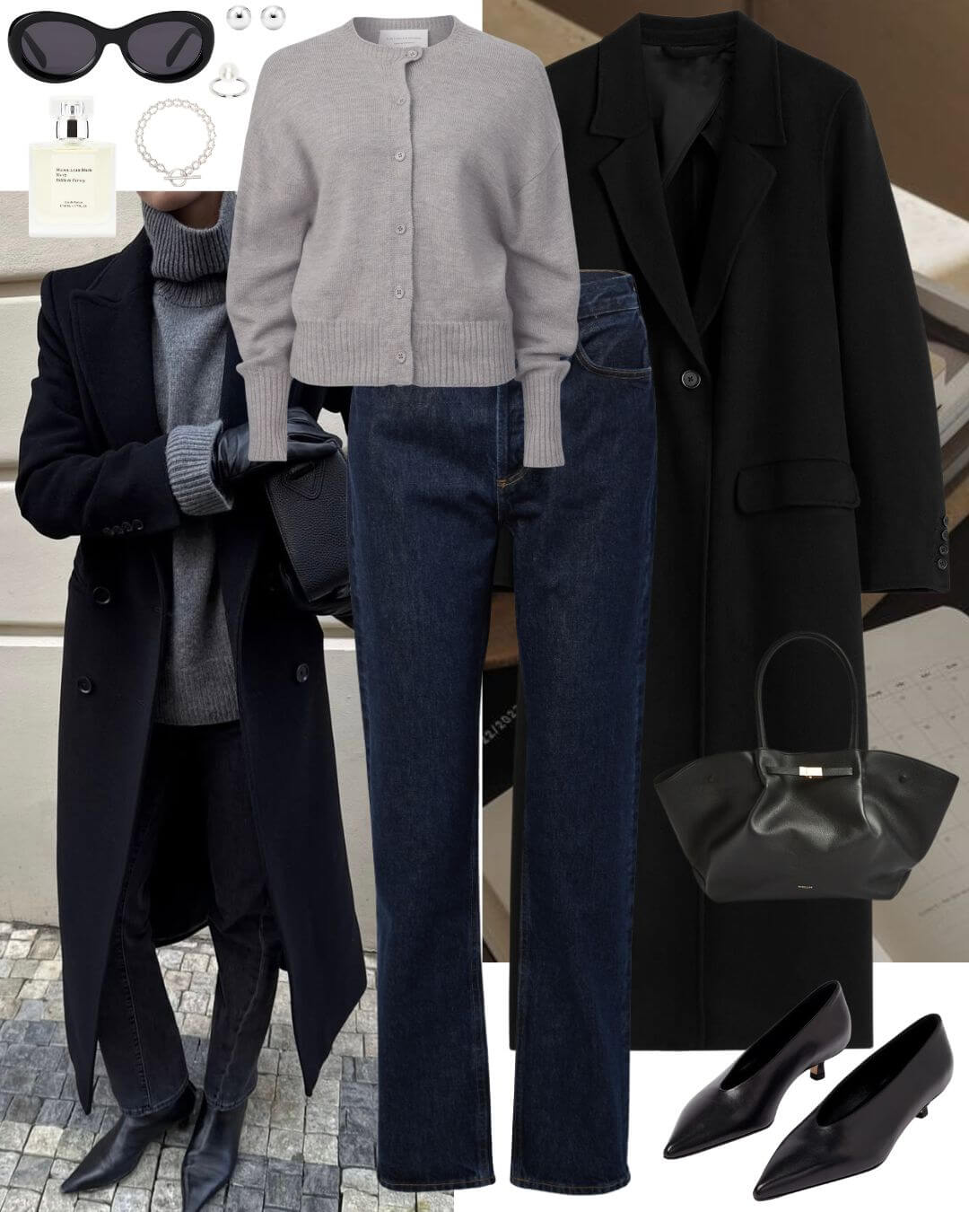 Woman wearing grey cardigan with coat and jeans