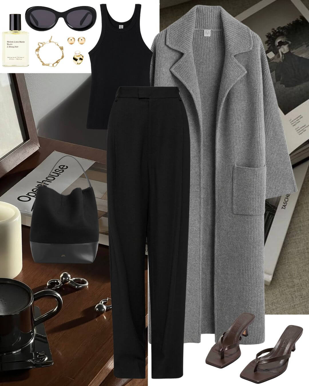 Woman wearing grey cardigan with black pants and heels