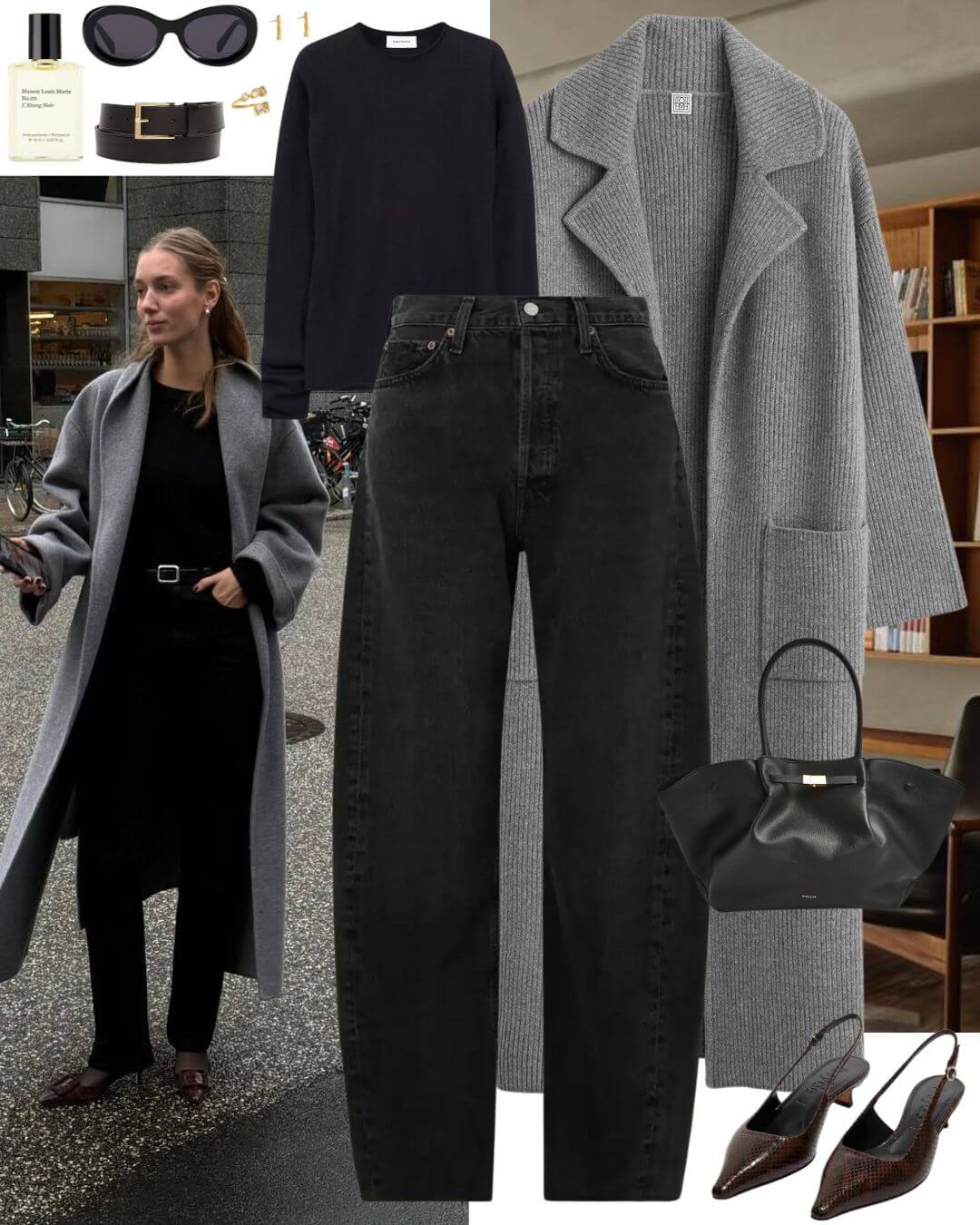 Woman wearing grey cardigan with black jeans