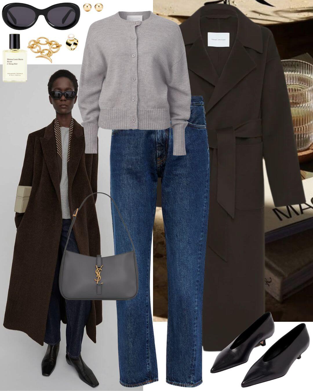 Woman wearing grey cardigan with jeans and coat