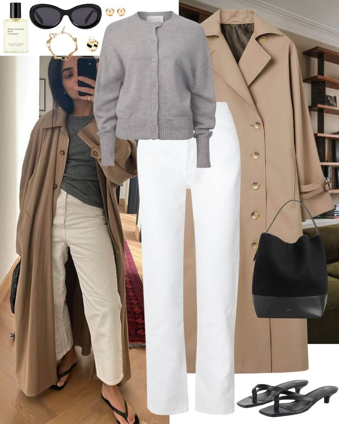 Woman wearing grey cardigan and white jeans