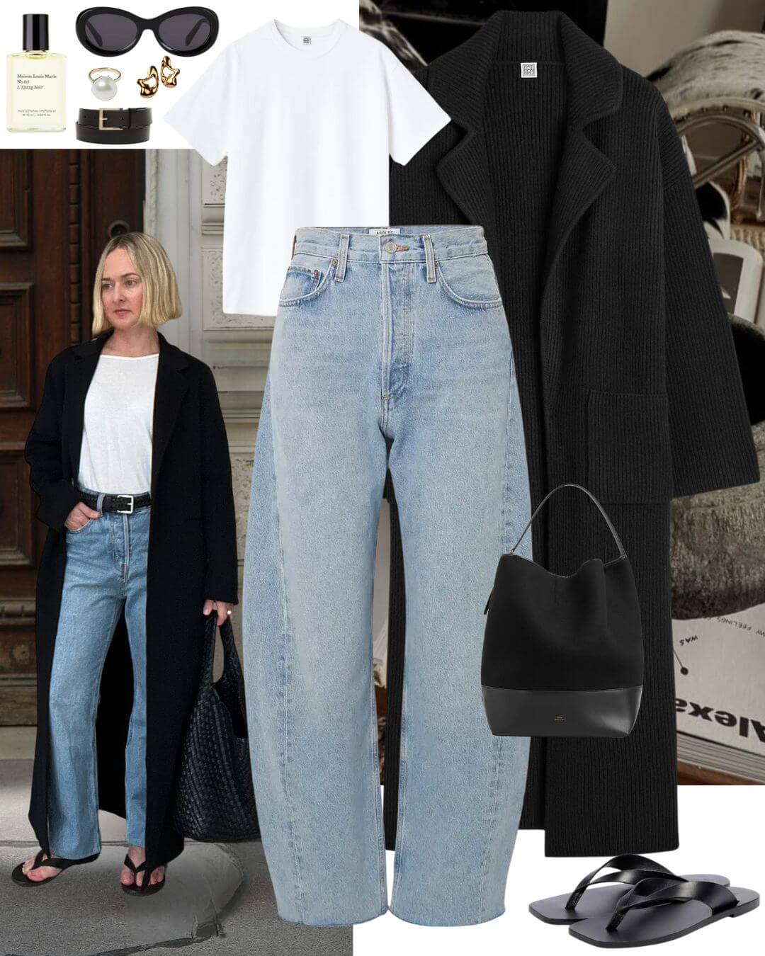 Woman wearing long black cardigan and jeans
