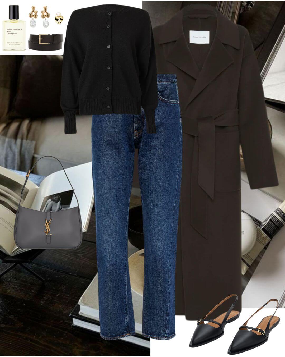 Woman wearing black cardigan jeans and brown coat