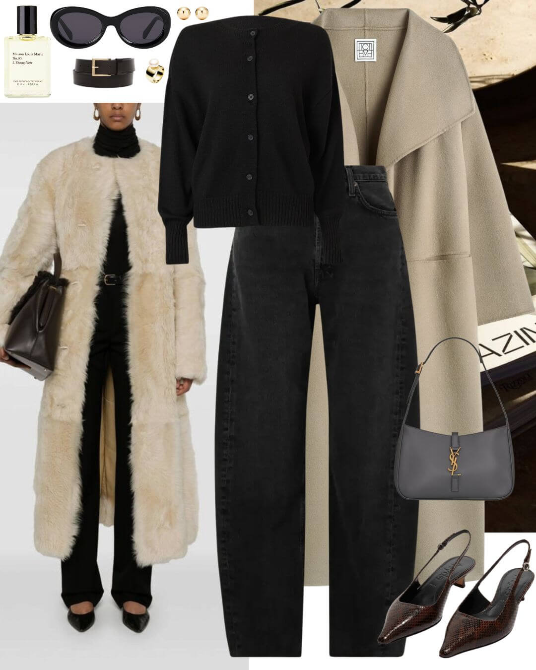 Woman wearing black cardigan with black jeans