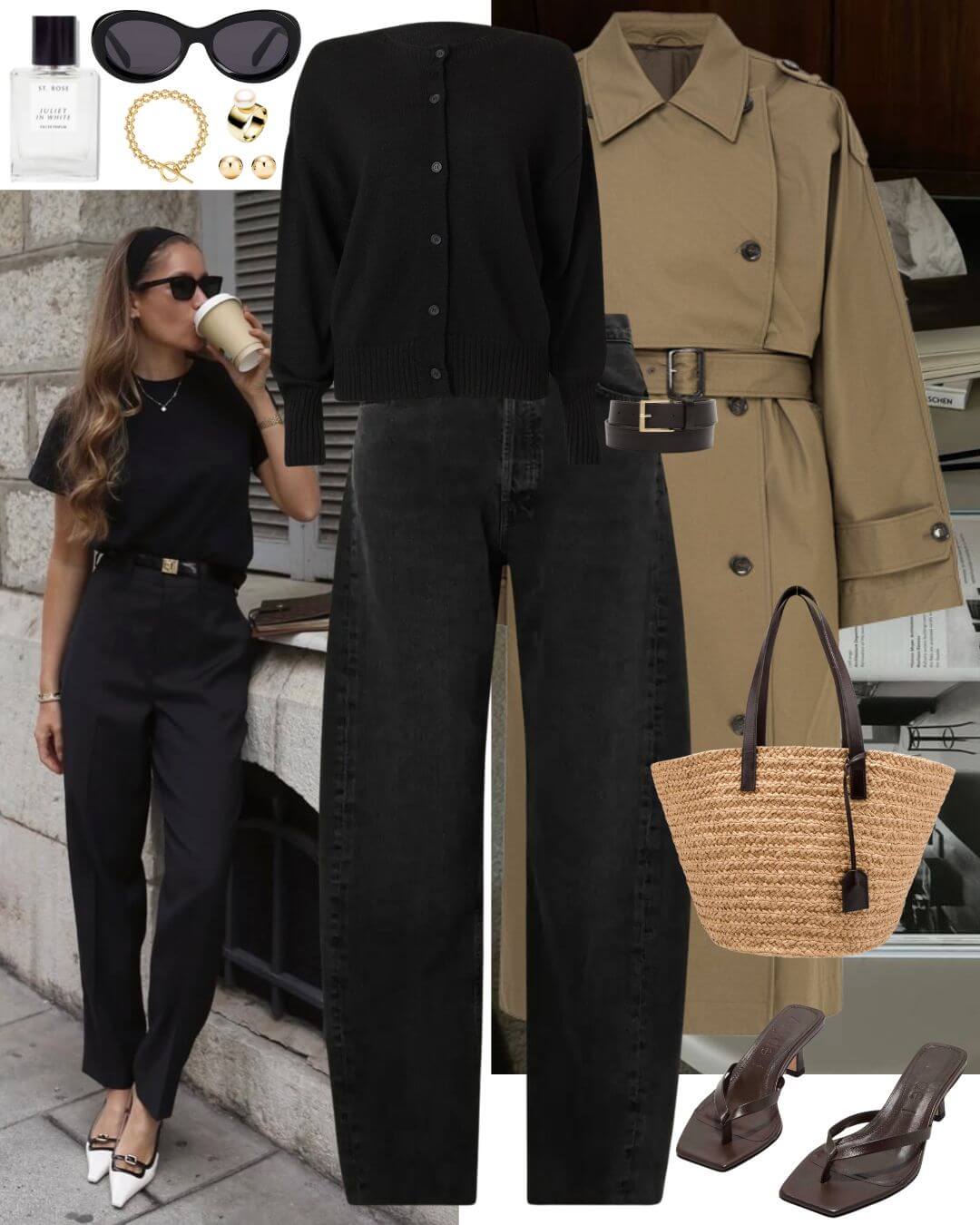 Woman wearing black cardigan with jeans and trench coat