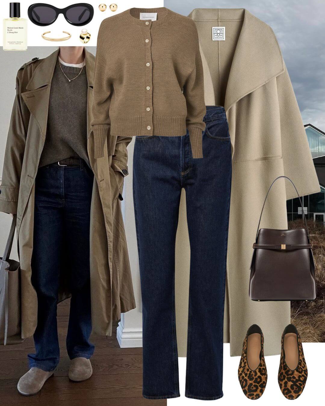 Woman wearing brown cardigan with jeans and a coat