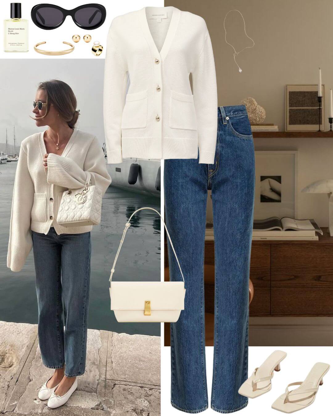 Woman wearing cream cardigan with jeans and heels