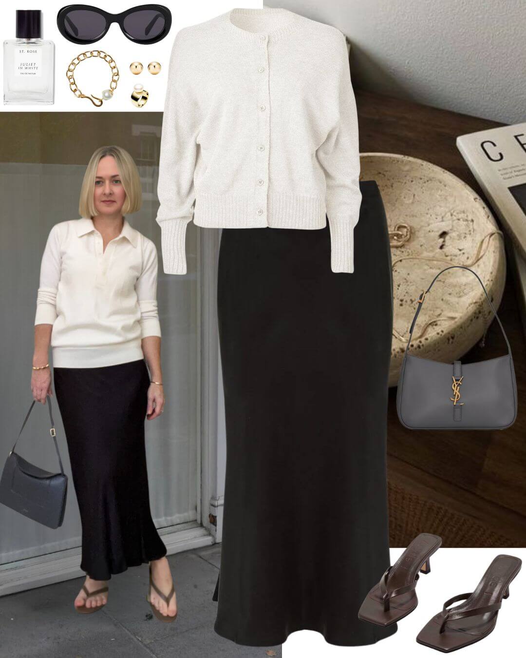 Woman wearing cream cardigan black silk skirt