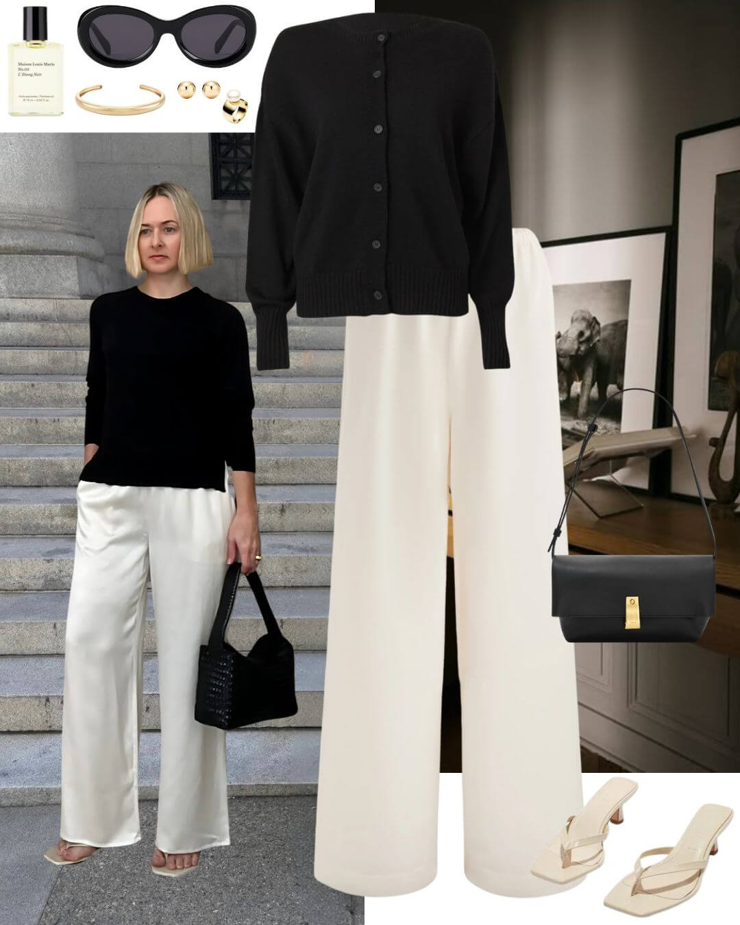 Woman wearing black cardigan and cream silk pants