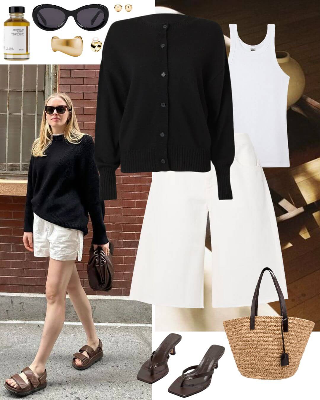 Woman wearing black cardigan and white denim shorts with heels