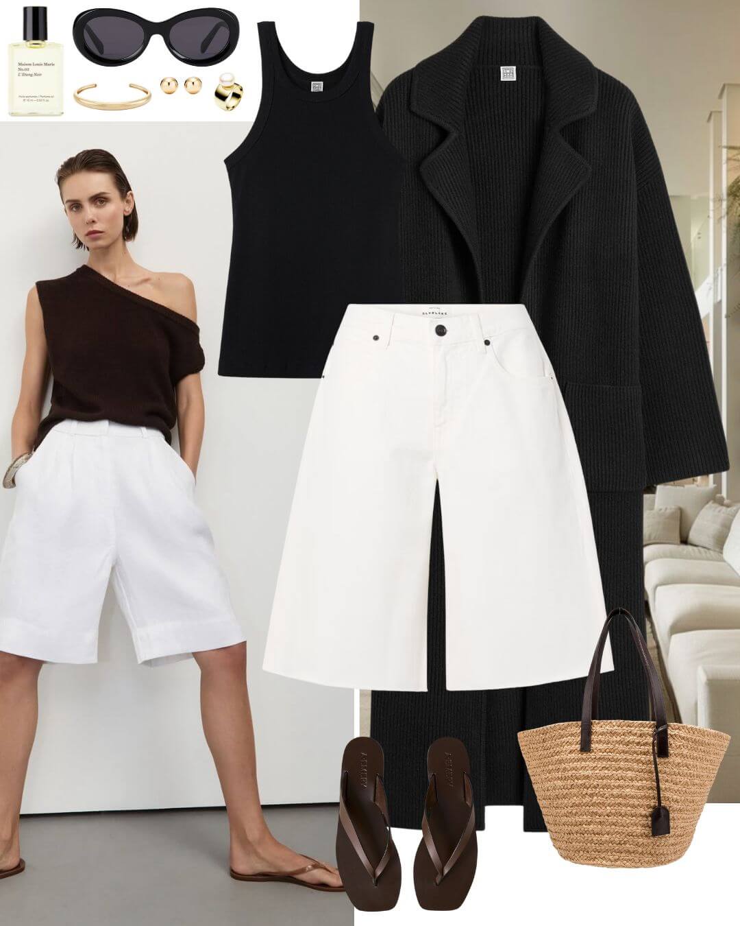 Woman wearing black cardigan with white denim shorts