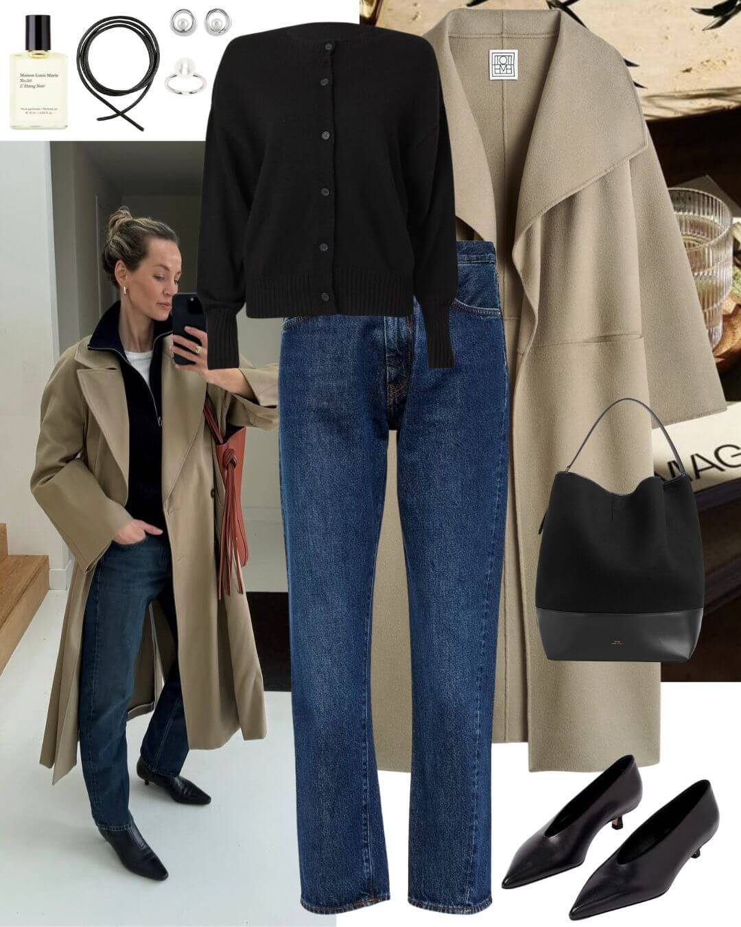 Woman wearing black cardigan coat and jeans