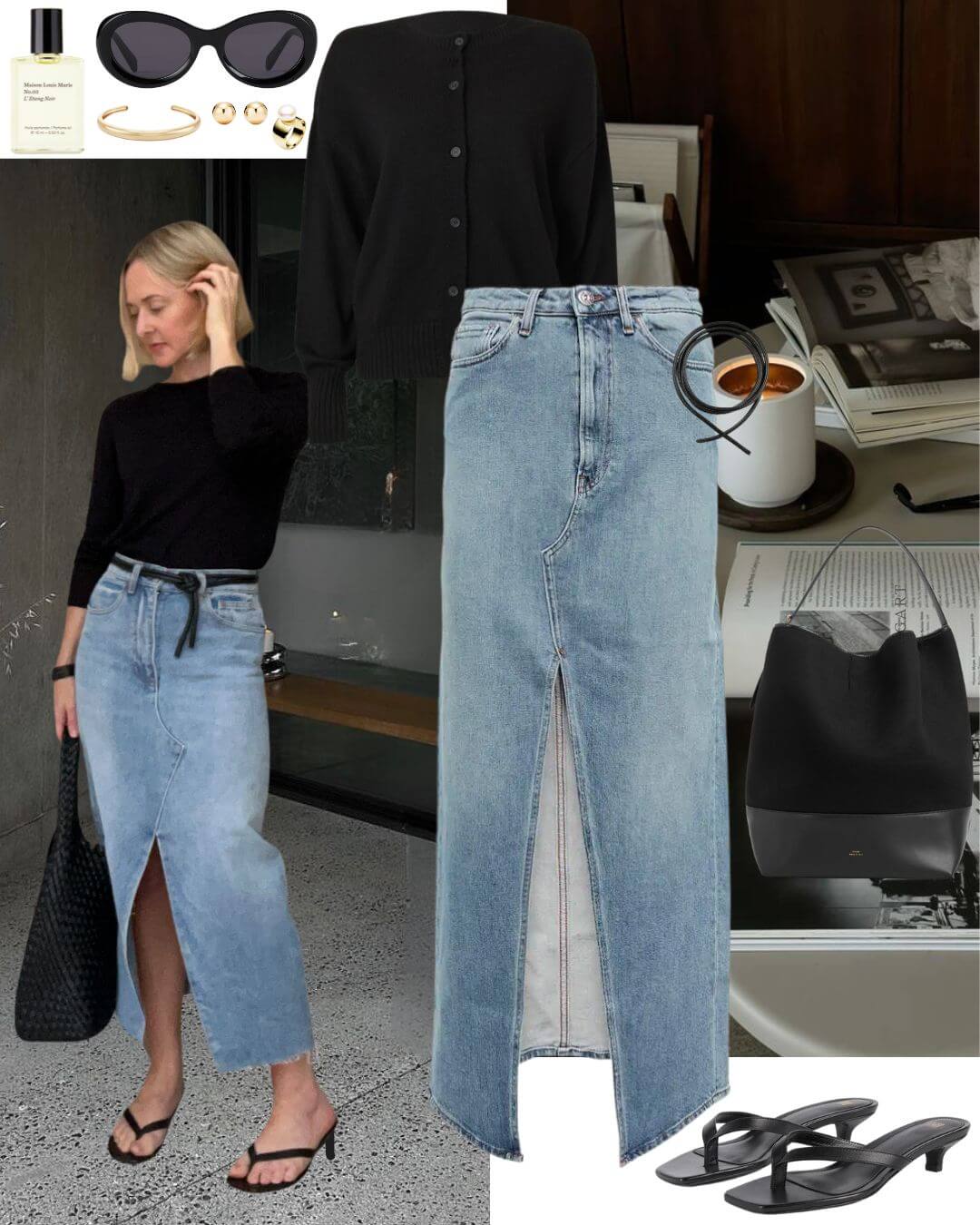 Woman wearing black cardigan and denim skirt