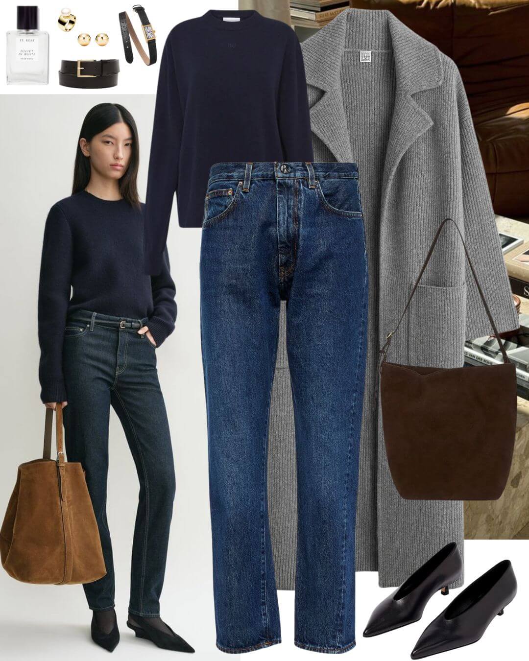 Woman wearing grey cardigan with jeans and coat