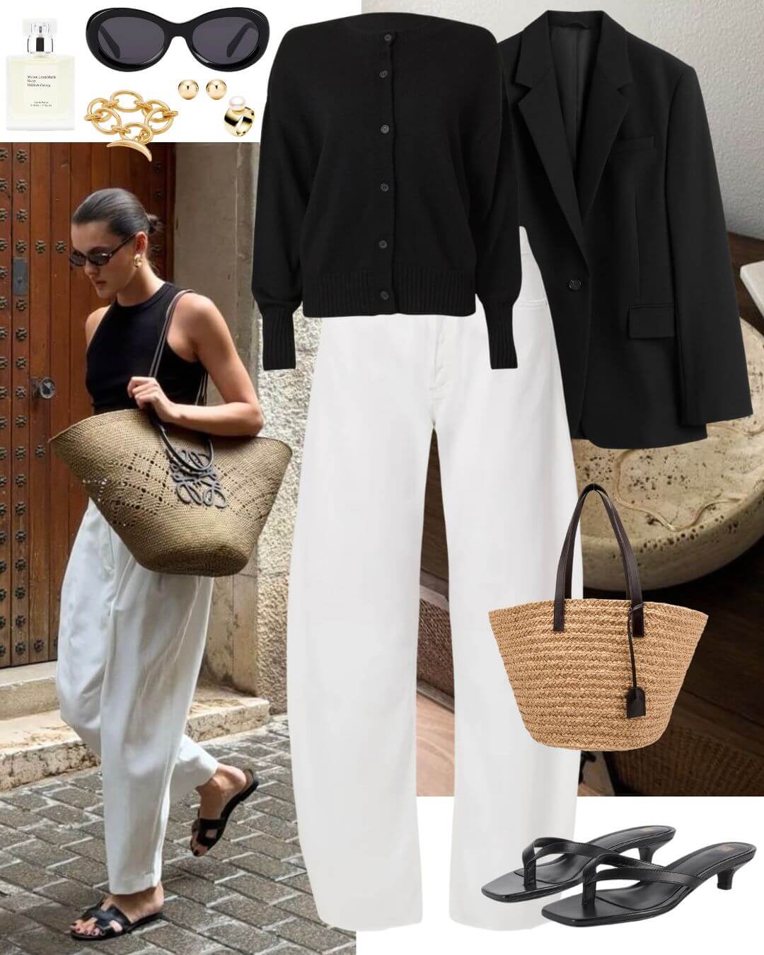 Black cardigan with white jeans and blazer