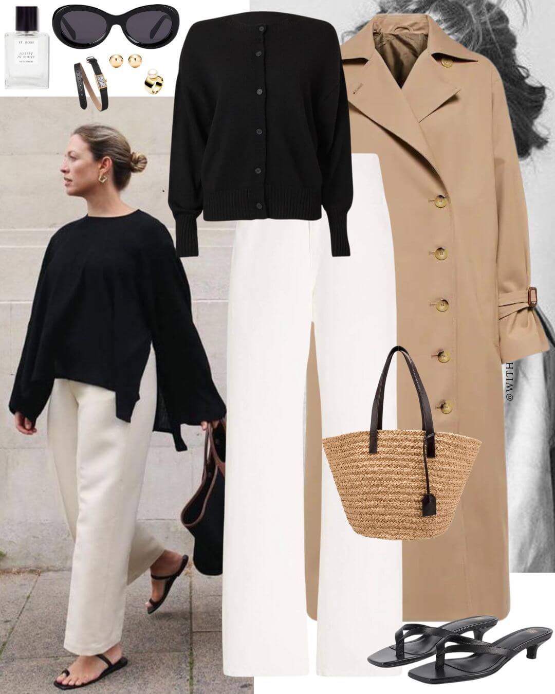 Woman wearing black cardigan with white jeans and trench
