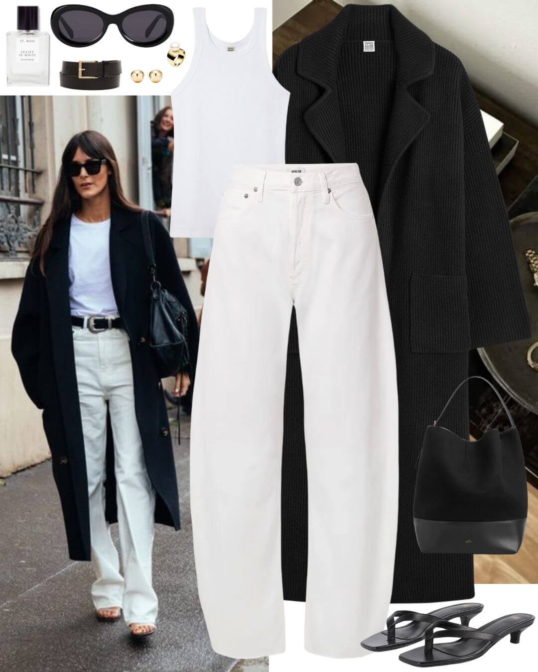 Woman wearing black cardigan and cream jeans with black heels