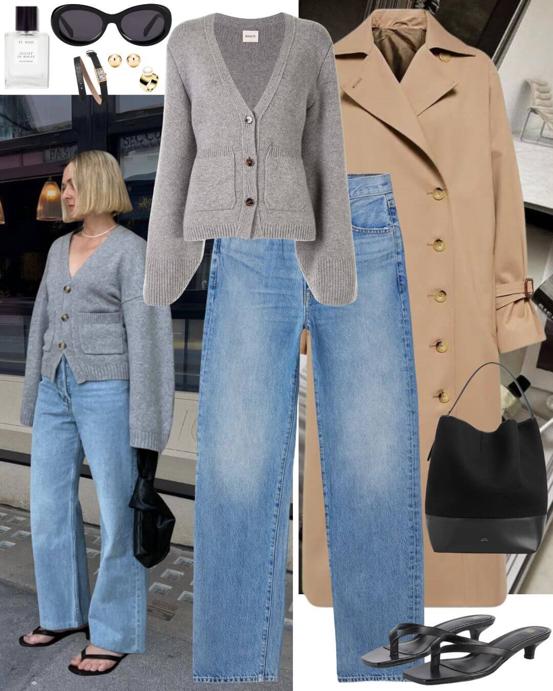 Woman wearing grey cardigan and jeans