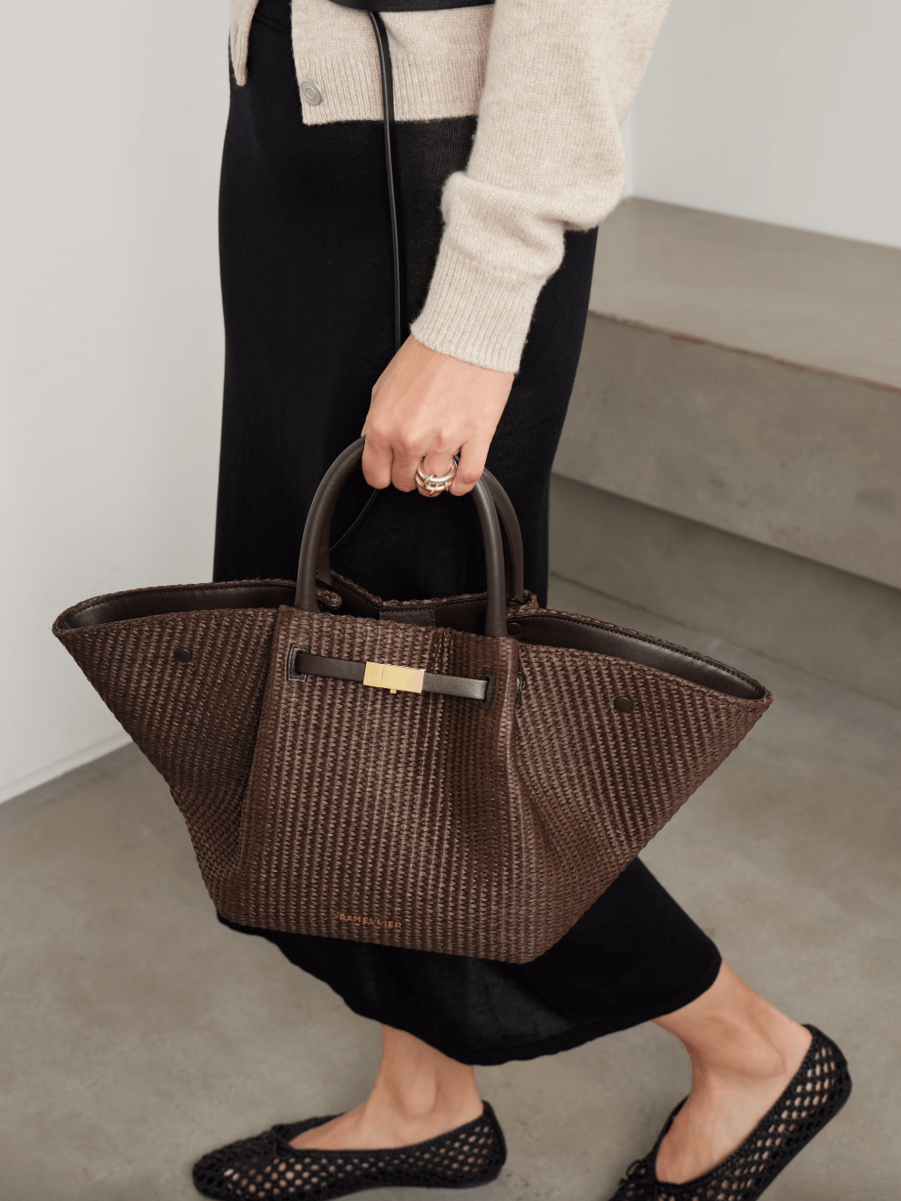 DeMellier New York brown raffia tote bag
