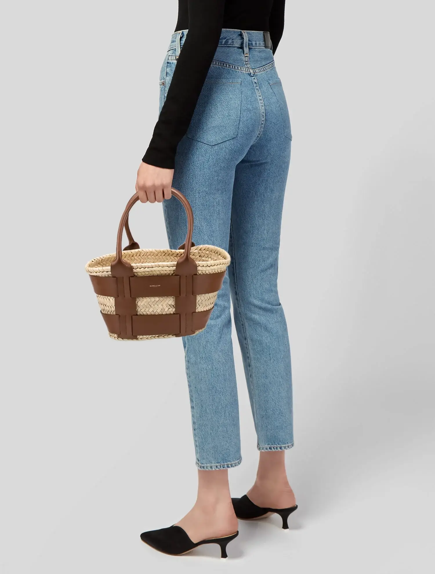 DeMellier Raffia brown leather bucket bag