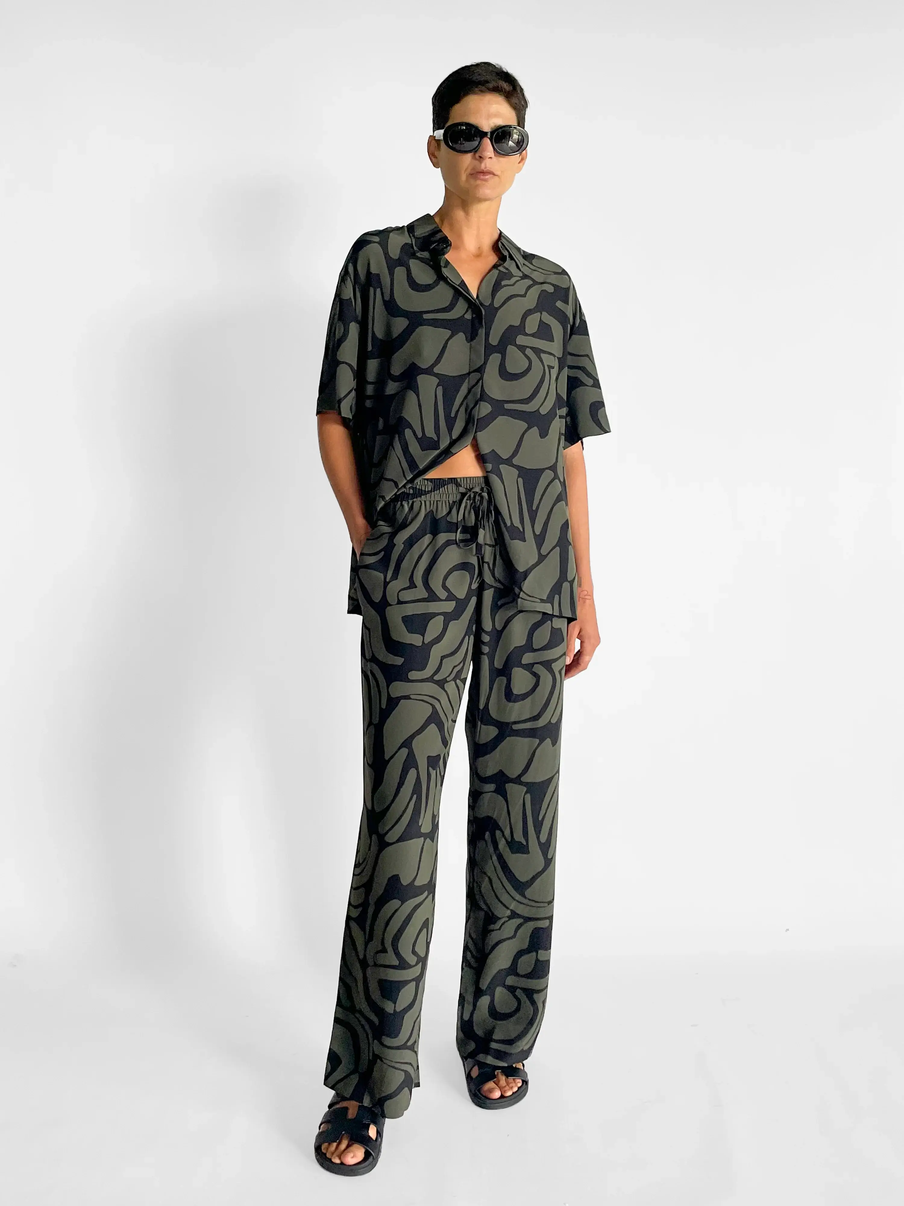 Matteau olive print silk pants