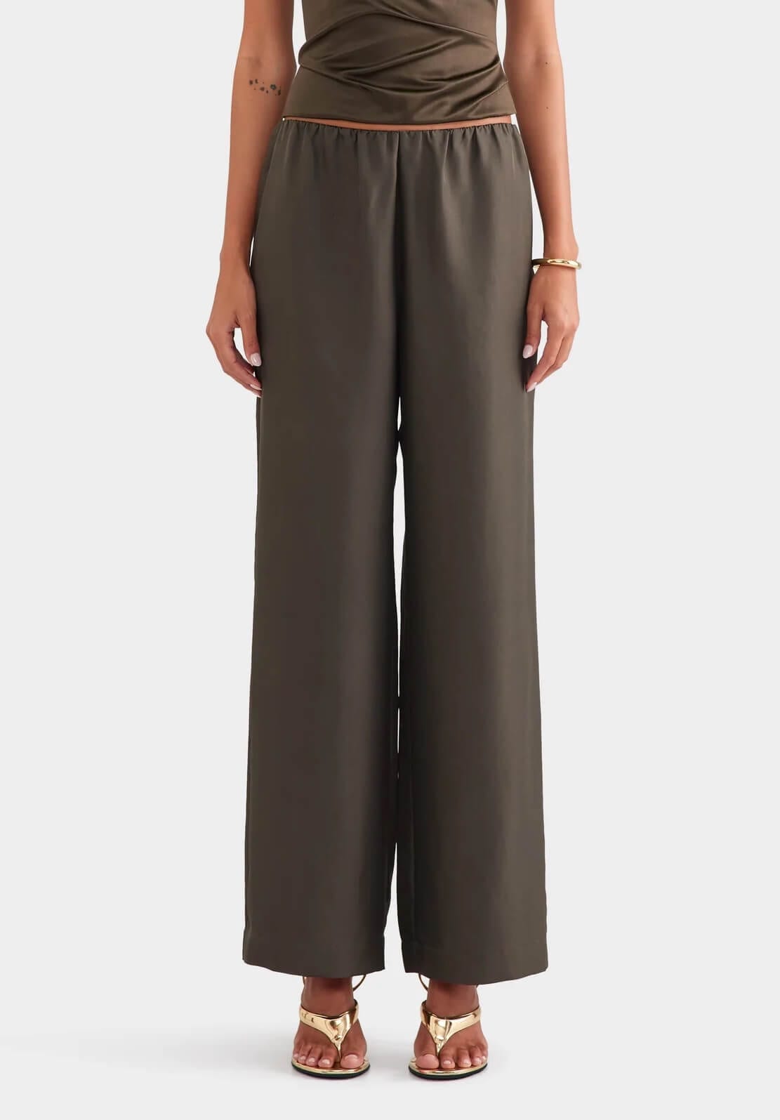 Venroy silk dark olive pants