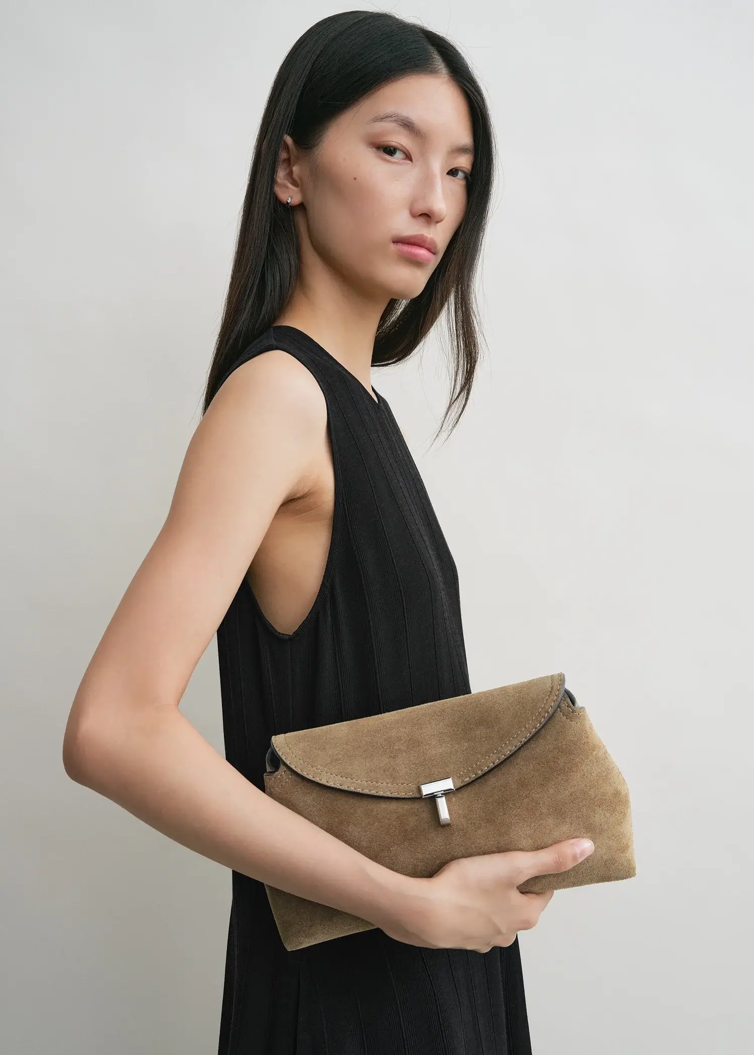 Toteme T-Lock suede clutch bag tobacco