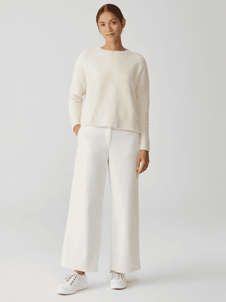 Eileen Fisher cream knit and white jeans